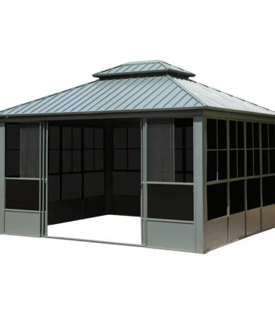 A 12' x 14' hardtop aluminum gazebo with a galvanized steel roof features large black-framed screened windows and front sliding doors that open to reveal its spacious, empty interior.