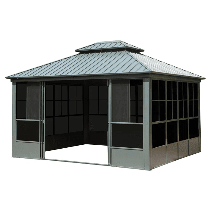 A 12' x 14' hardtop aluminum gazebo with a galvanized steel roof features large black-framed screened windows and front sliding doors that open to reveal its spacious, empty interior.