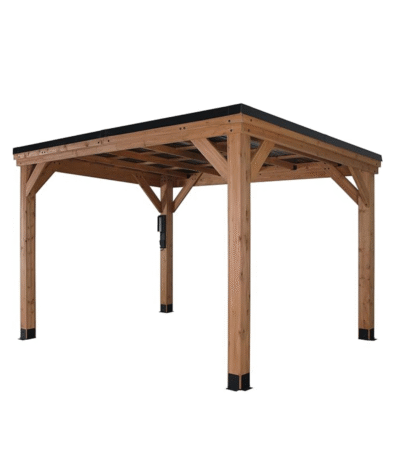 The Backyard Discovery 12' x 9.5' Arcadia Slope Roof Cedar Gazebo with PowerPort features a cedar frame, four sturdy posts each reinforced with black metal brackets, and a sleek sloped black roof, shown against a plain white background.